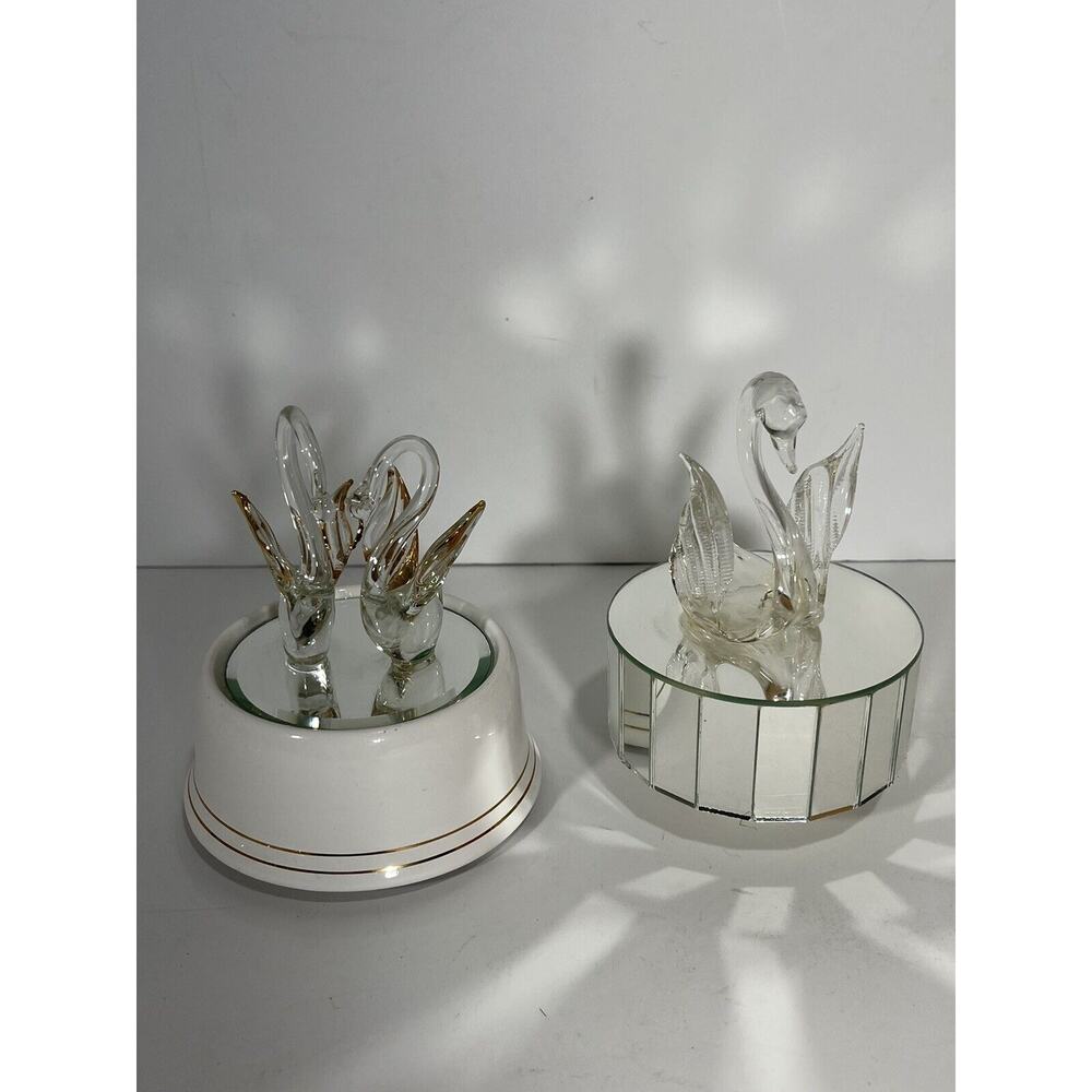 Lot Of 2 Hand Blown Swans Music Box Mirrored + The San Francisco Music Box Rotat